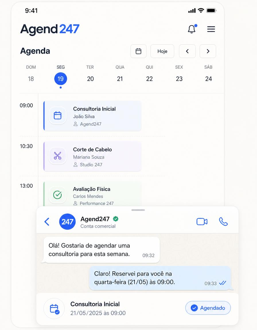 Painel do Agend247 com a agenda do dia e a IA confirmando um agendamento pelo WhatsApp